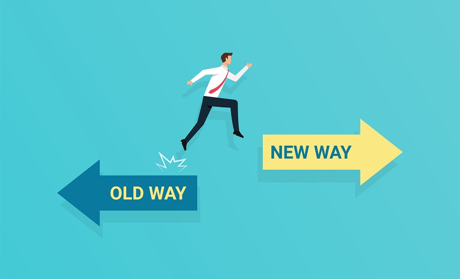 Businessman jump symbol with arrows pointing in the direction of the past and the future. A concept for adapting to change, improvement and development for the self or the business
