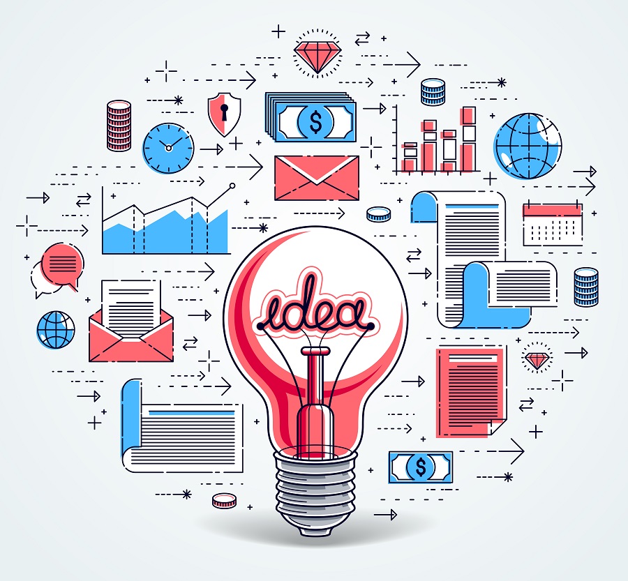 Shining light bulb and set of icons, business idea creative conc